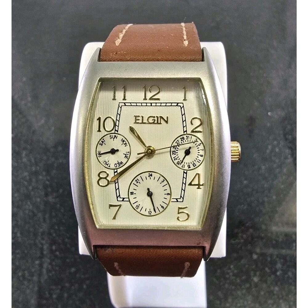 Men's Elgin FG032 Tank Style Multifunction Calendar Quartz Watch New Battery